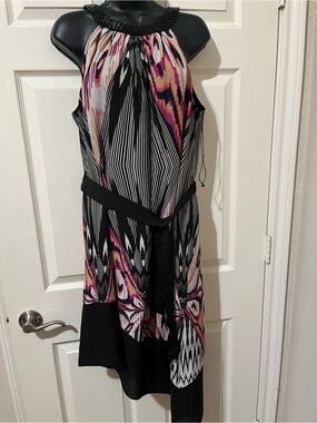 One-Shoulder Black & Pink Printed Halter Dress